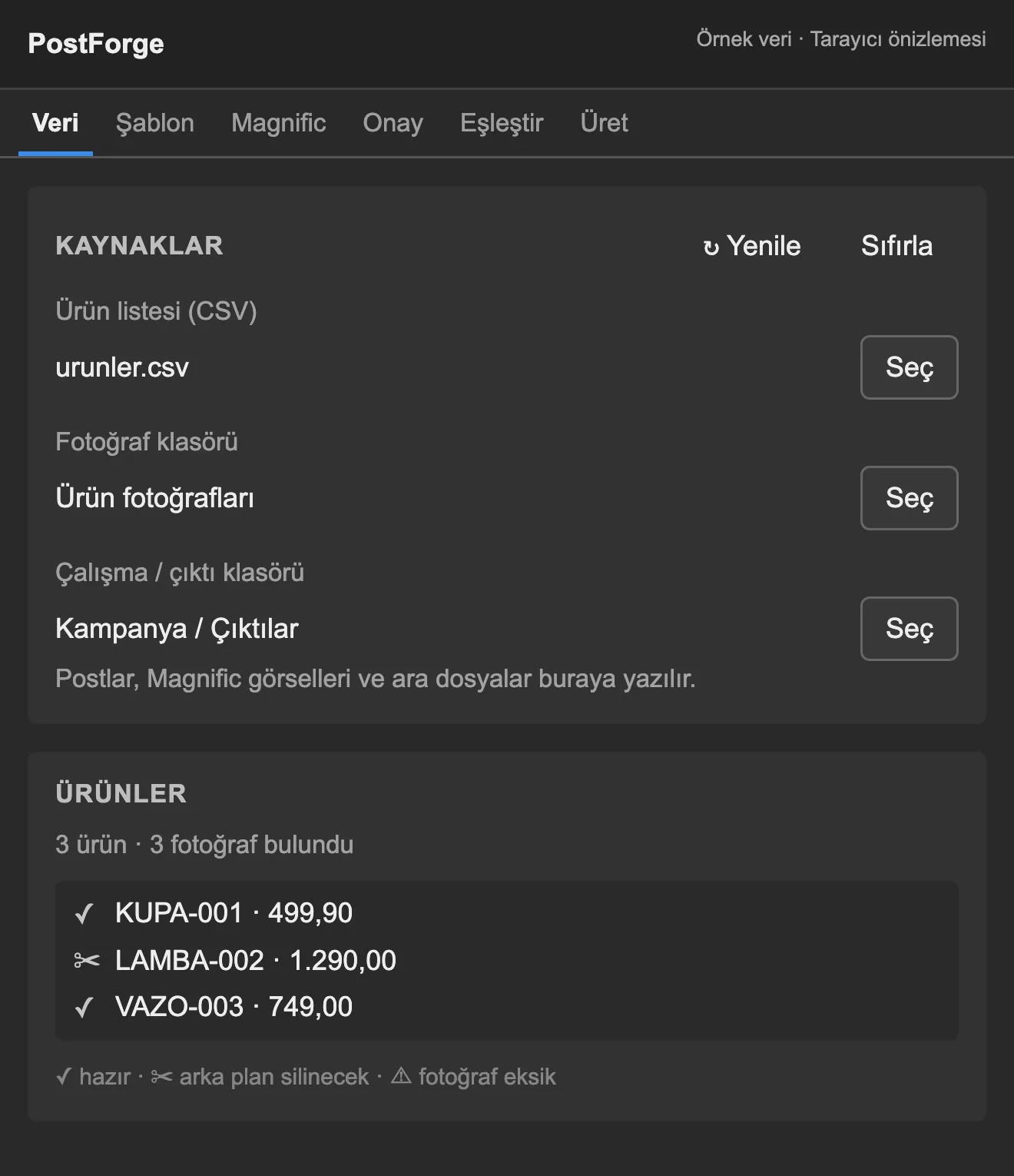 Ürün listesi, fotoğraf klasörü ve çalışma klasörü tek ekranda; her ürünün fotoğraf durumu listede görünüyor.