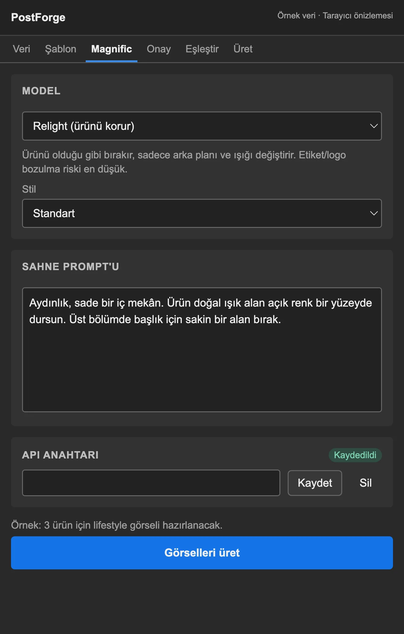 Magnific modeli, stil, sahne tarifi ve API anahtarı; lifestyle görselleri buradan üretiliyor.