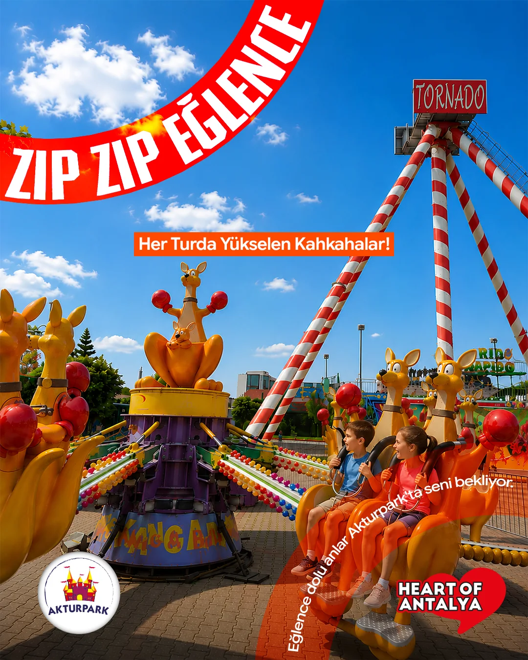 Kanguru temalı salıncakta gülen çocuklar ve kırmızı-beyaz Tornado direği; çapraz turuncu bantta "ZIP ZIP EĞLENCE" başlığı.