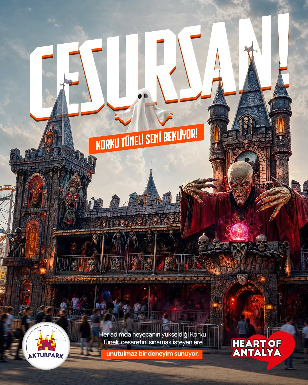 Gotik kuleli Korku Tüneli cephesi ve kristal küre tutan figür; "CESURSAN!" başlığı.