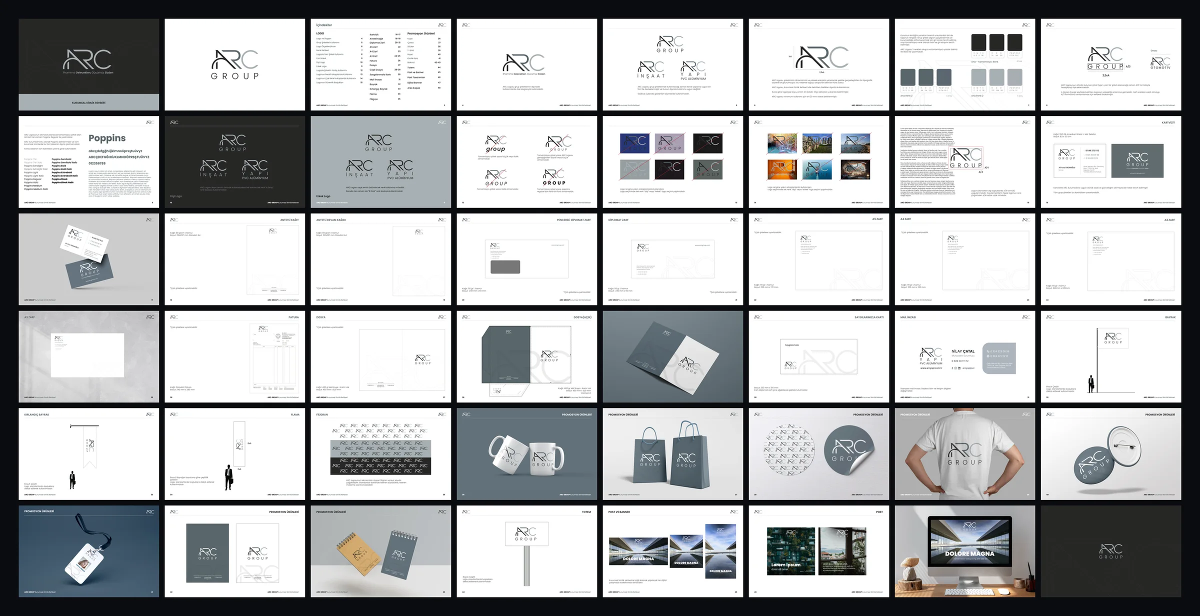 All 48 guide pages laid out 8 × 6 on a dark ground: logo and colour rules, misuse, stationery, flags, promotional items and digital applications.