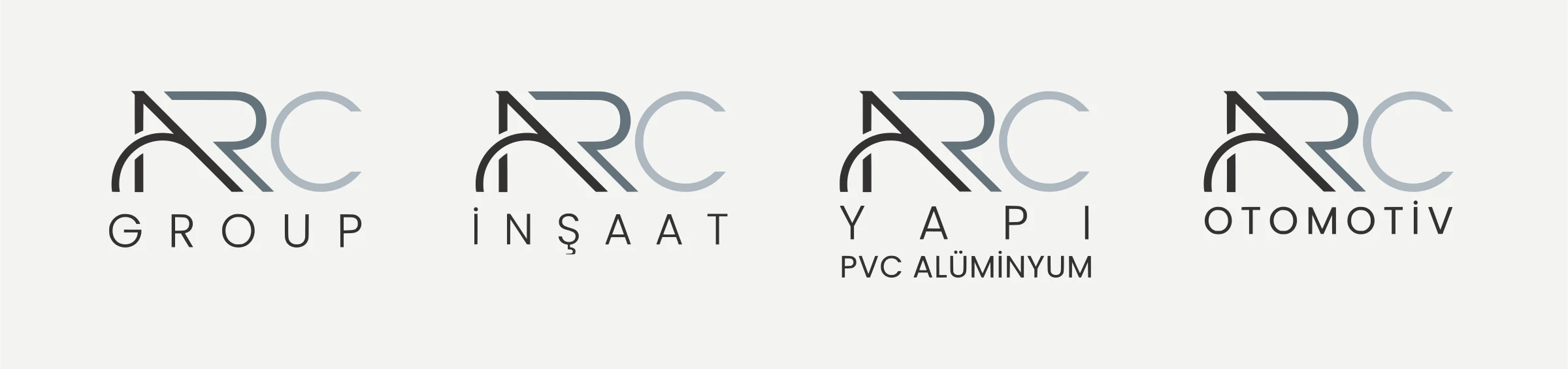 Four logos side by side on light paper — ARC Group, ARC İnşaat, ARC Yapı PVC Alüminyum and ARC Otomotiv — the marks aligned, the company lines different.