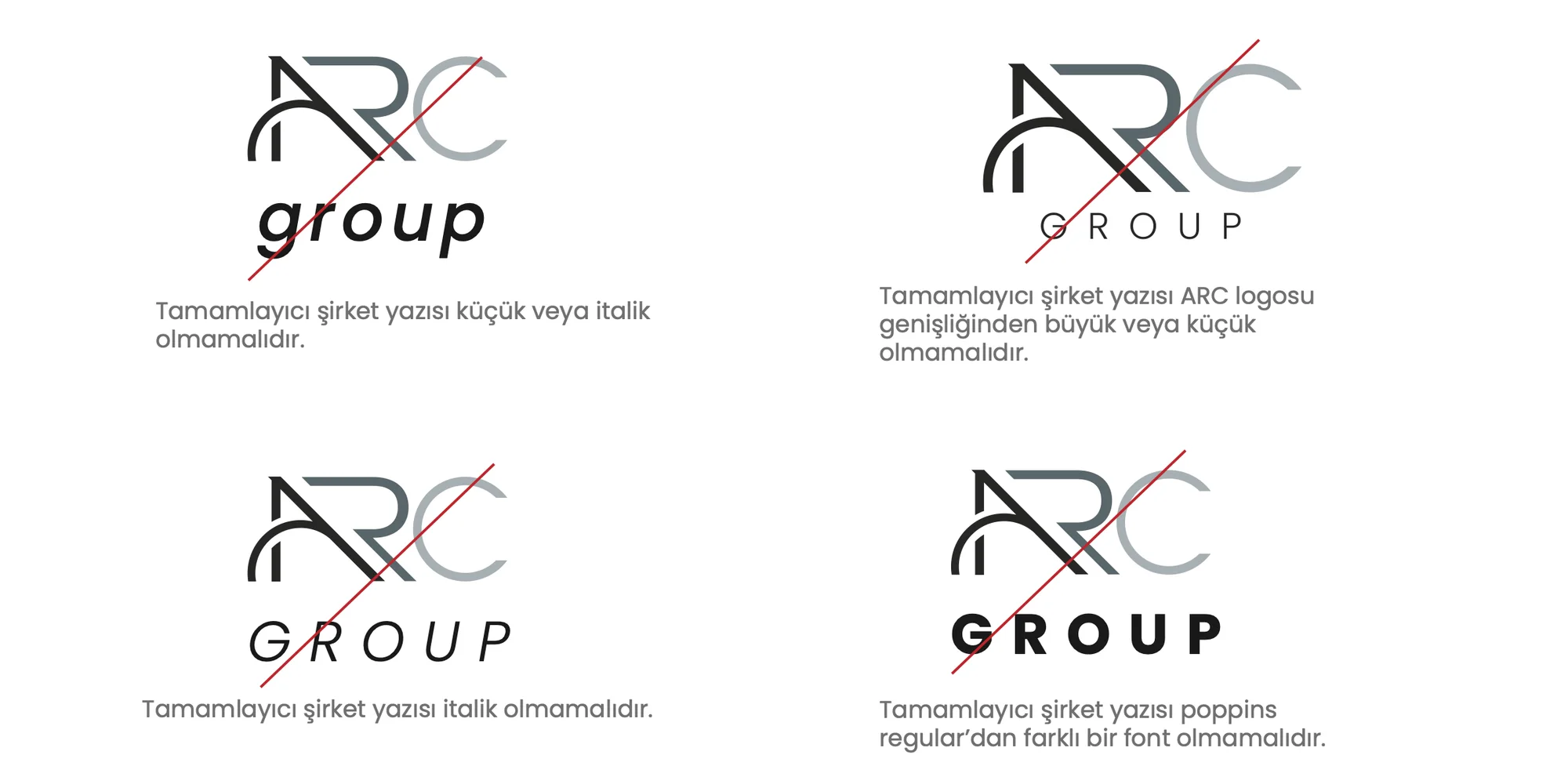 Four examples struck through in red: lowercase italic "group", spacing wider than the mark, italic GROUP and bold GROUP.