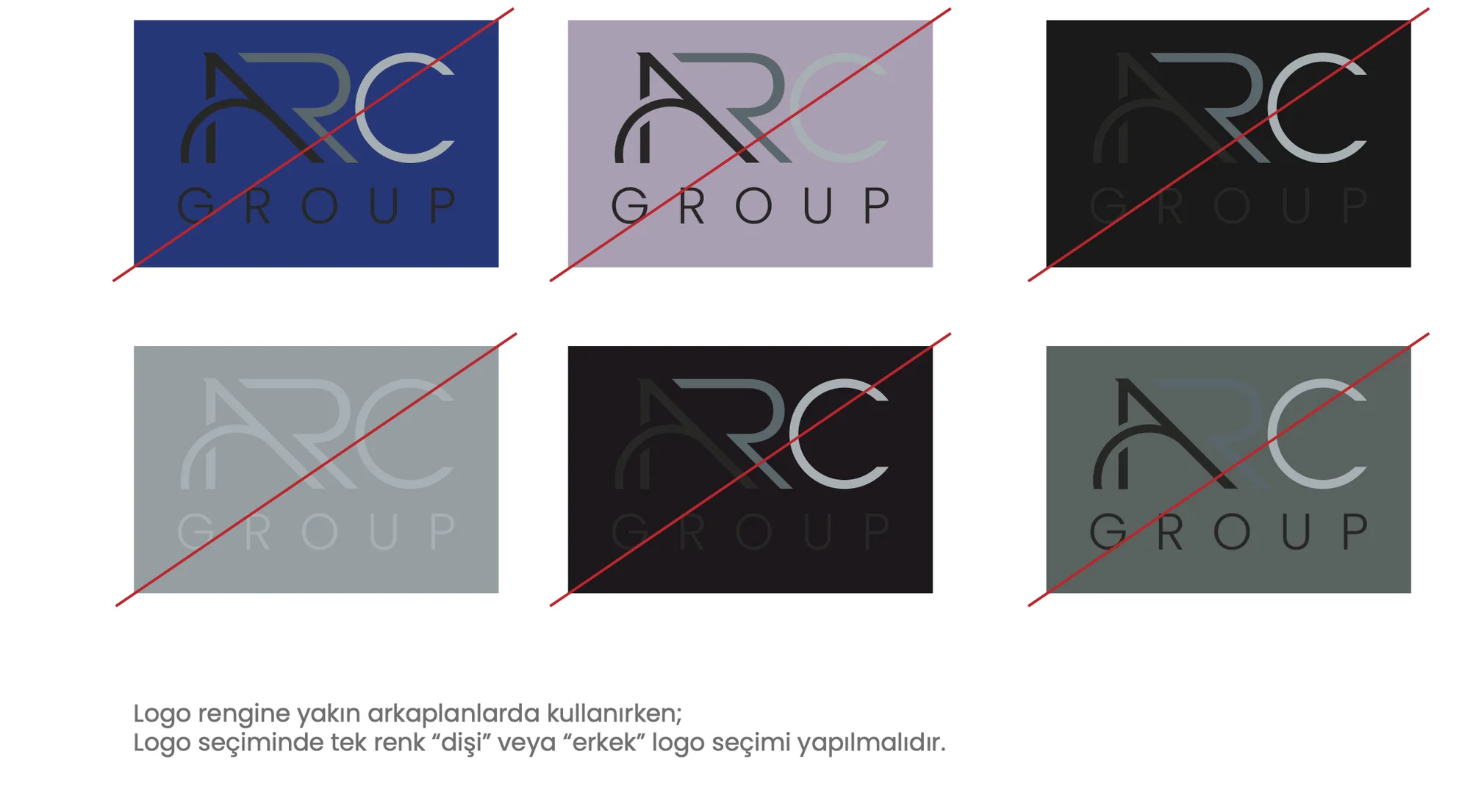 The three-colour logo on navy, lilac, black and grey grounds, each struck through in red.