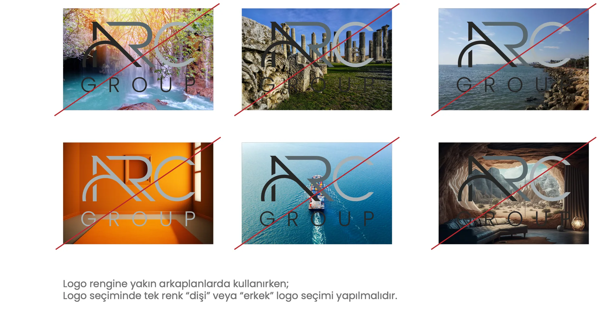 The three-colour logo over photos of a waterfall, ruins, the sea, a sunset, a canal and a cave, each struck through in red.
