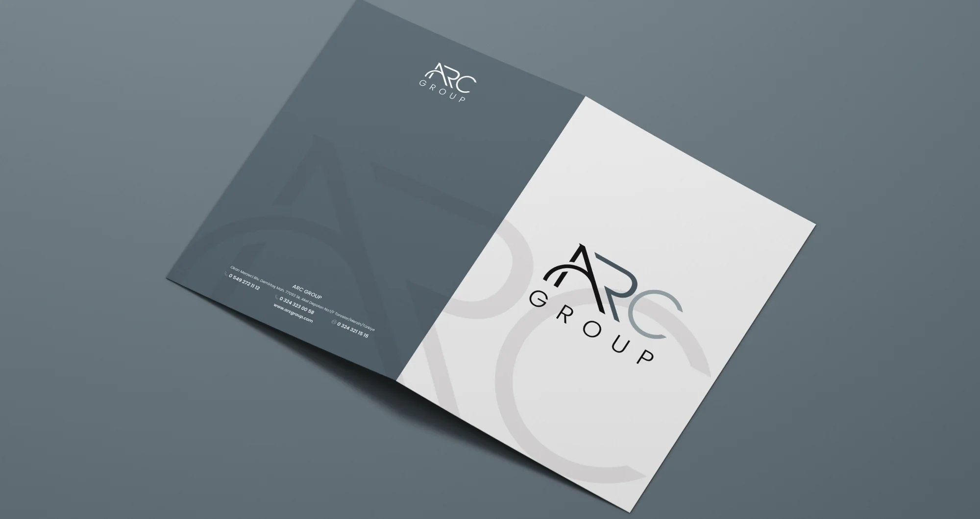 An open presentation folder, left flap A Gray, right flap white, with a large faint ARC watermark and the logo.