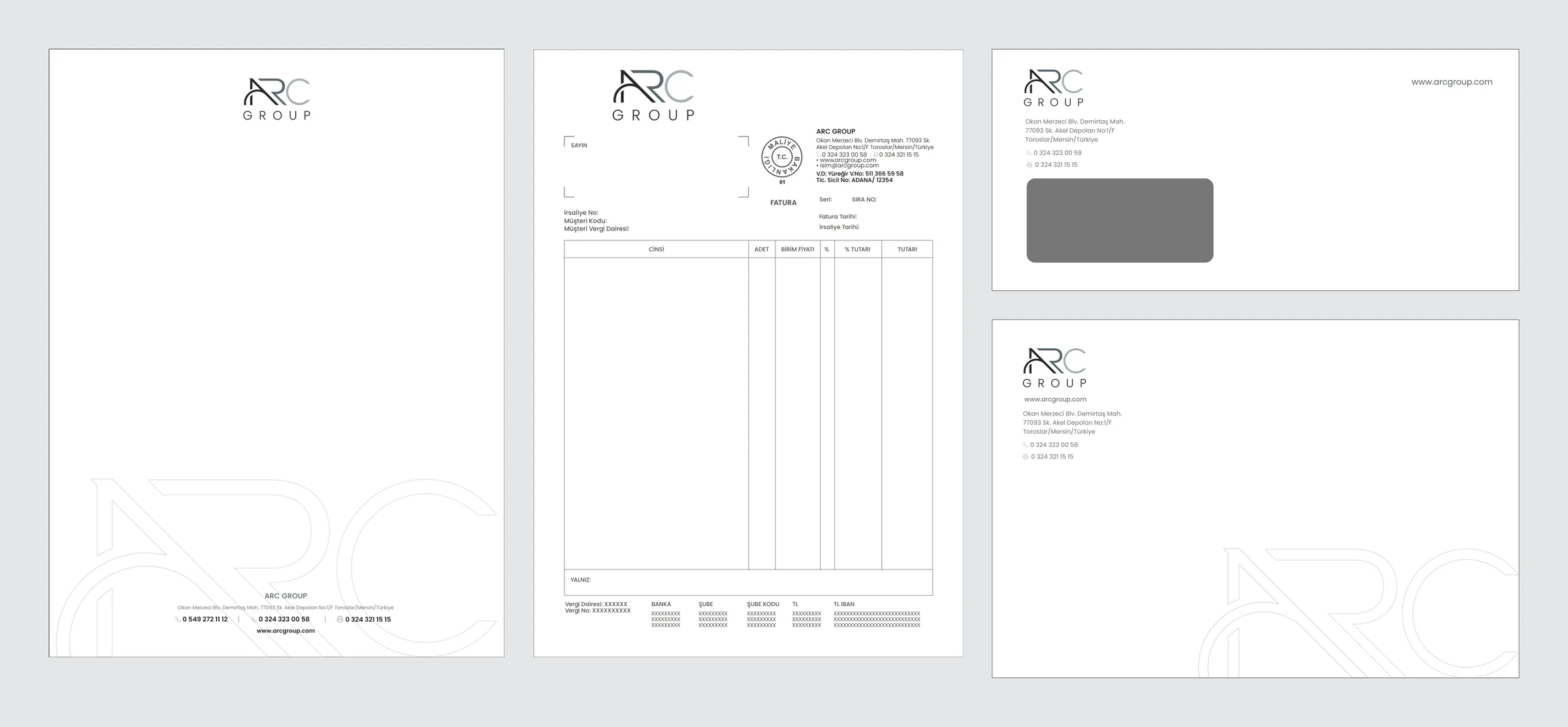 Letterhead, invoice, windowed DL envelope and A4 envelope side by side on grey, each with the logo top-left and a faint ARC watermark in the corner.