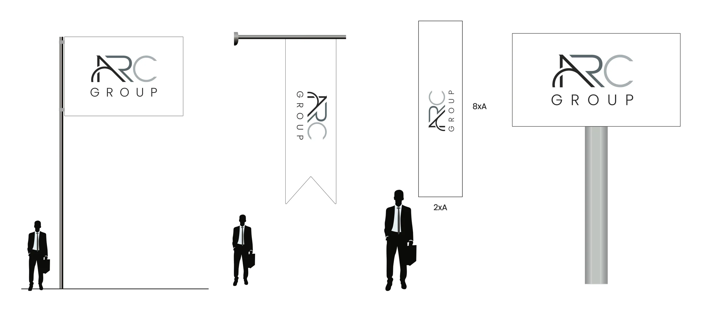 A flag on a pole, a swallow-tail flag, a vertical banner proportioned 2A × 8A and a pole-mounted totem, with human silhouettes for scale.