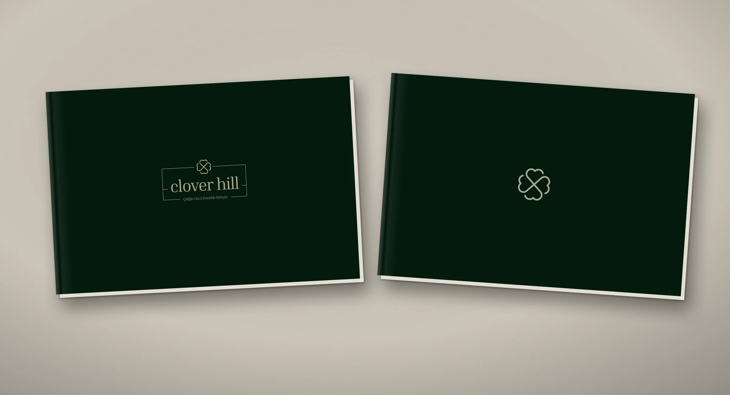 Taş renkli zeminde yan yana iki kapalı katalog: koyu yeşil ön kapakta çerçeveli "clover hill" logosu ve "Çeliğin Gücü Estetikle Birleşti!" sloganı, arka kapakta tek başına yonca işareti.