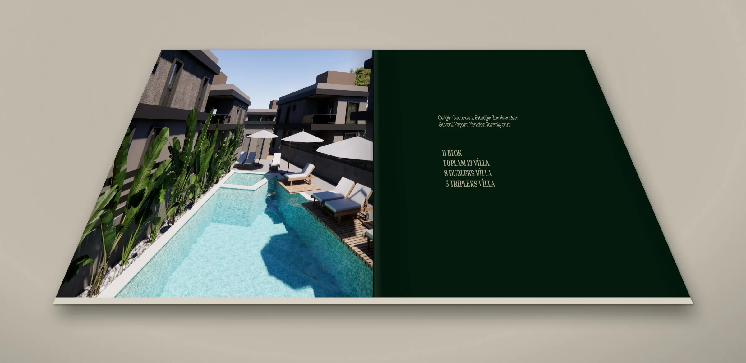 Perspektifle masada açık duran katalog: solda villalar arasındaki havuzun görseli, sağda koyu yeşil zeminde "11 BLOK, TOPLAM 13 VİLLA, 8 DUBLEKS VİLLA, 5 TRİPLEKS VİLLA".