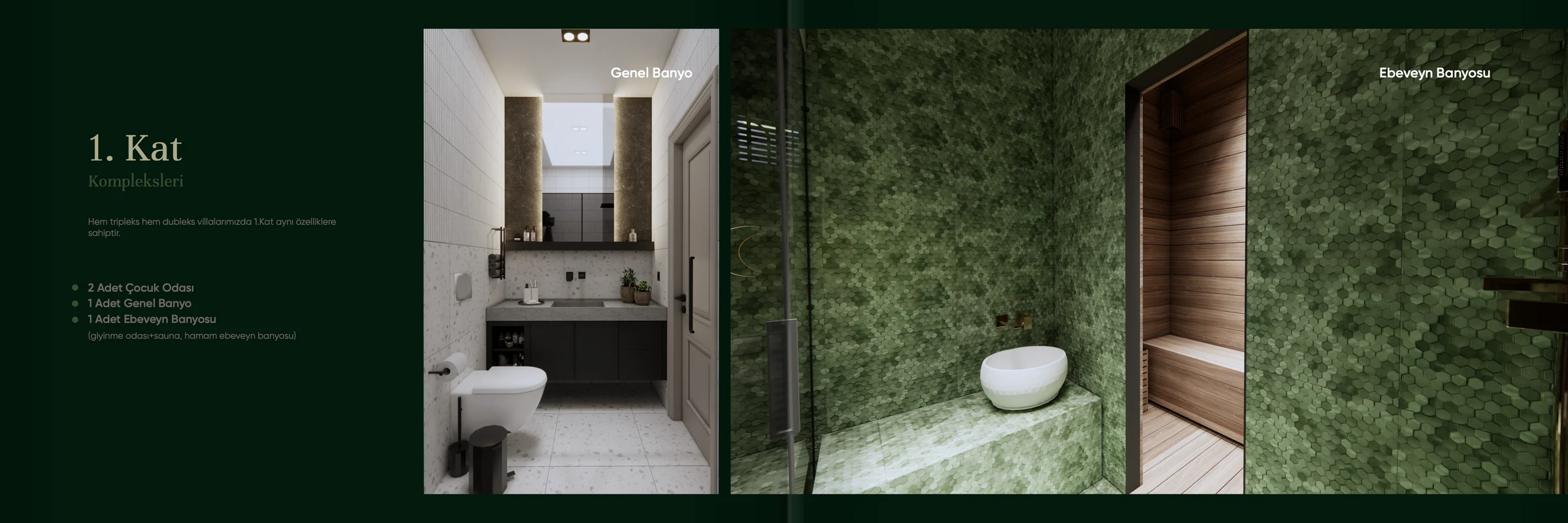 "1. Kat Kompleksleri" başlığı ve oda listesi; yanında genel banyo, karşı sayfaya taşan yeşil petek karolu ebeveyn banyosu.