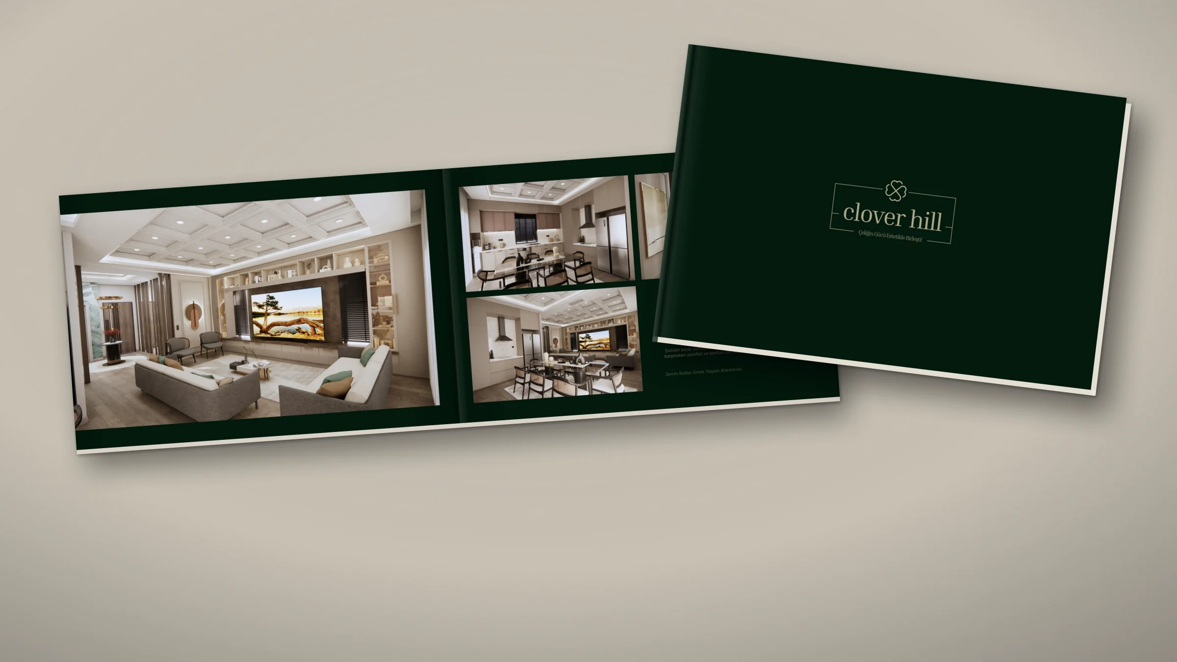 Taş renkli zeminde açık duran Clover Hill kataloğu, salon görseli ve yaşam alanı sayfası; üstünde koyu yeşil kapağı ve çerçeveli logosuyla kapalı bir katalog.