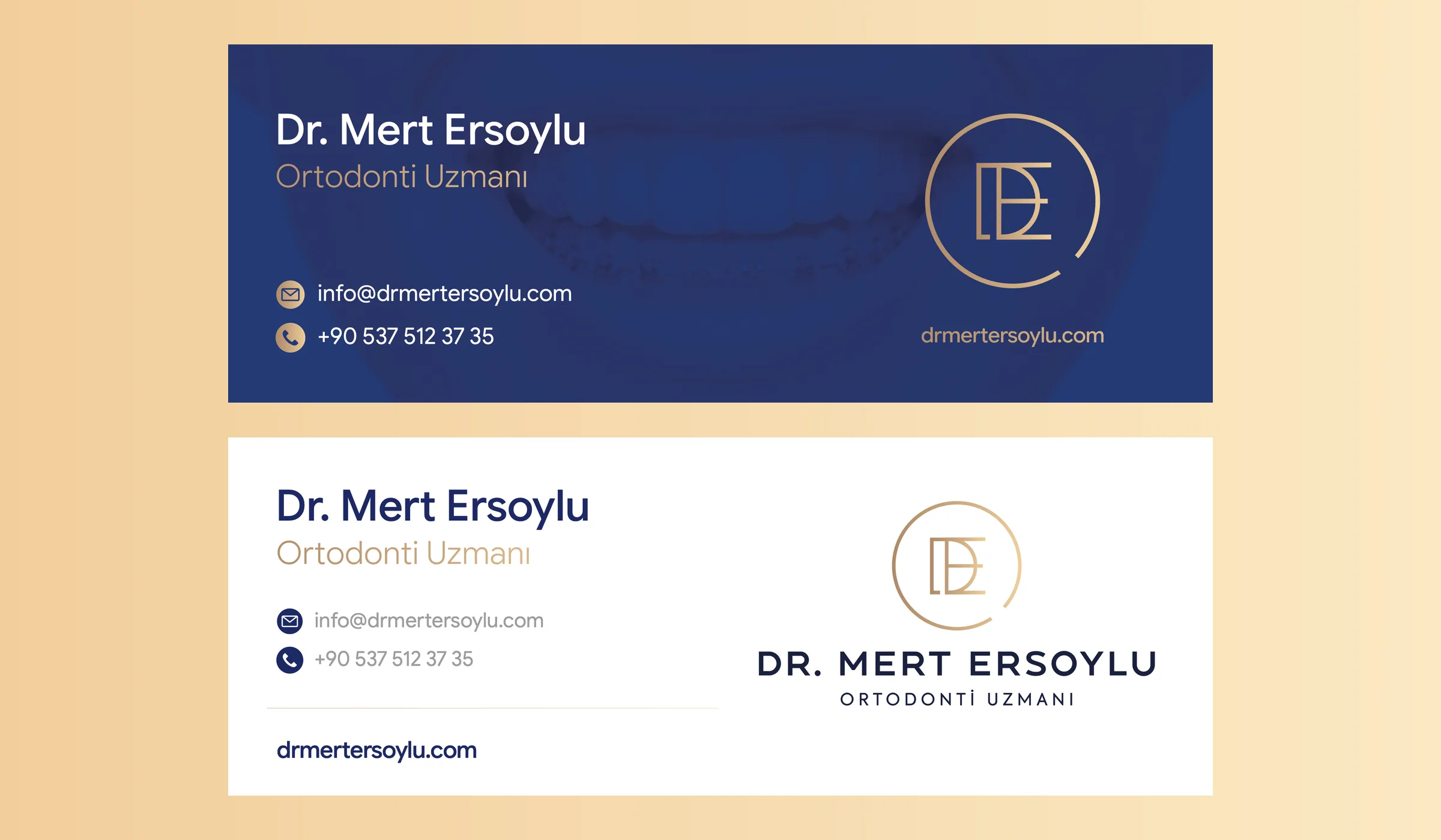 Lacivert ve beyaz iki e-posta imzası, açık bej zeminde.
