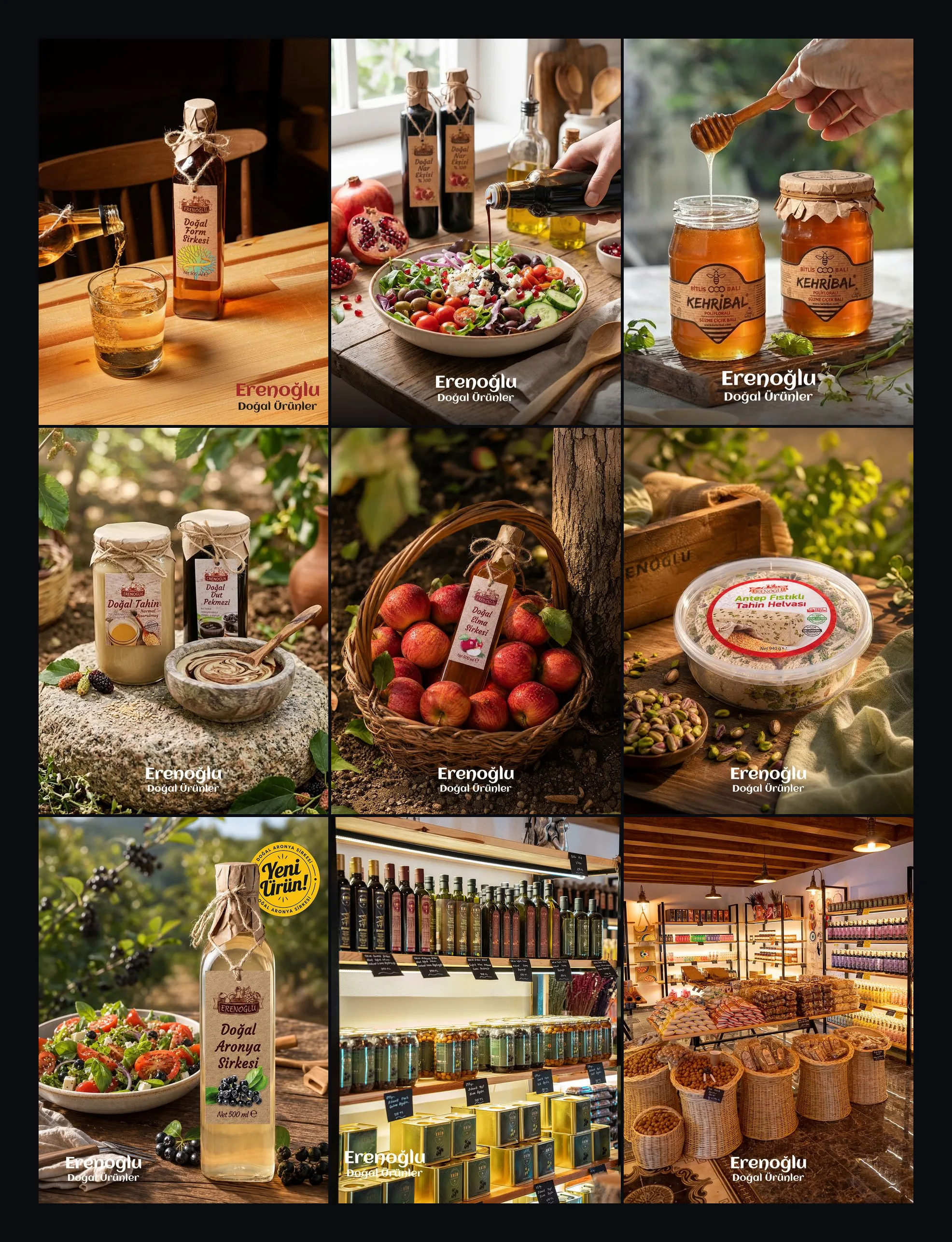 Nine lifestyle posts in a 3 × 3 grid: vinegar on a wooden table, salad, amber honey, pineapple vinegar, pomegranate molasses, shop shelves and products in a basket.