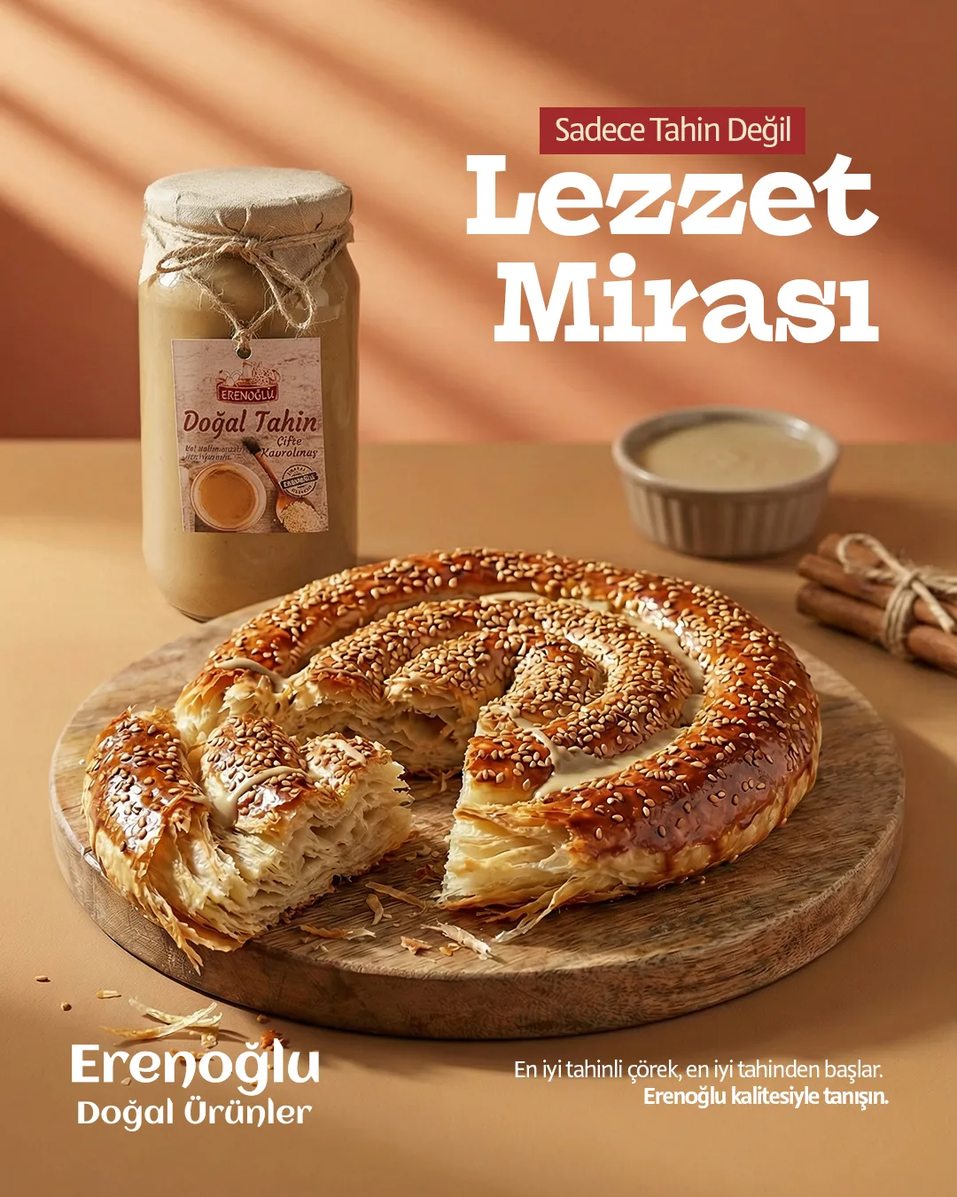 A sesame-topped tahini swirl bun and a jar of tahini on terracotta; "Sadece Tahin Değil, Lezzet Mirası".