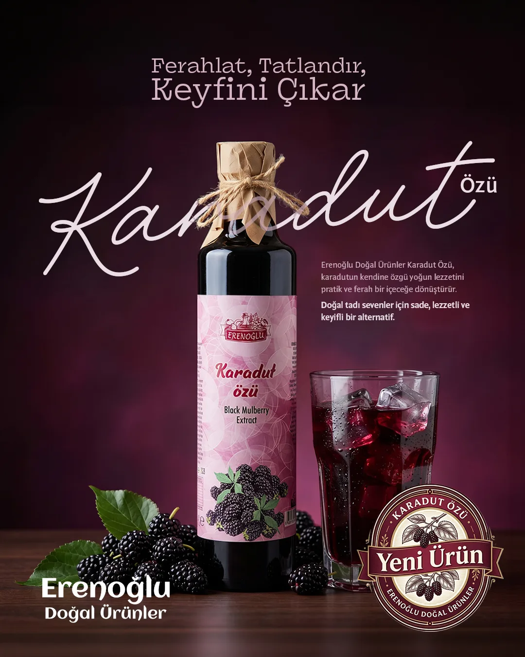 A bottle of black mulberry concentrate, an iced glass and mulberries on purple; a white script "Karadut" headline.