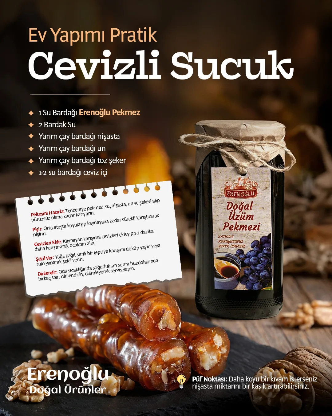 Walnut sujuk and a jar of grape molasses on a dark ground; an ingredients list and method on a note card.