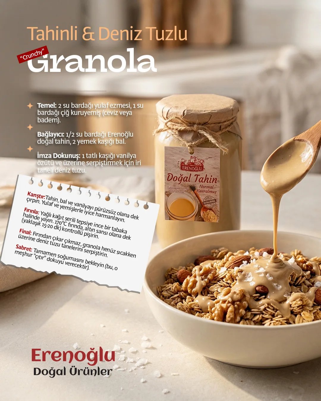 Granola in a bowl with tahini poured over and a jar of tahini; a recipe card.