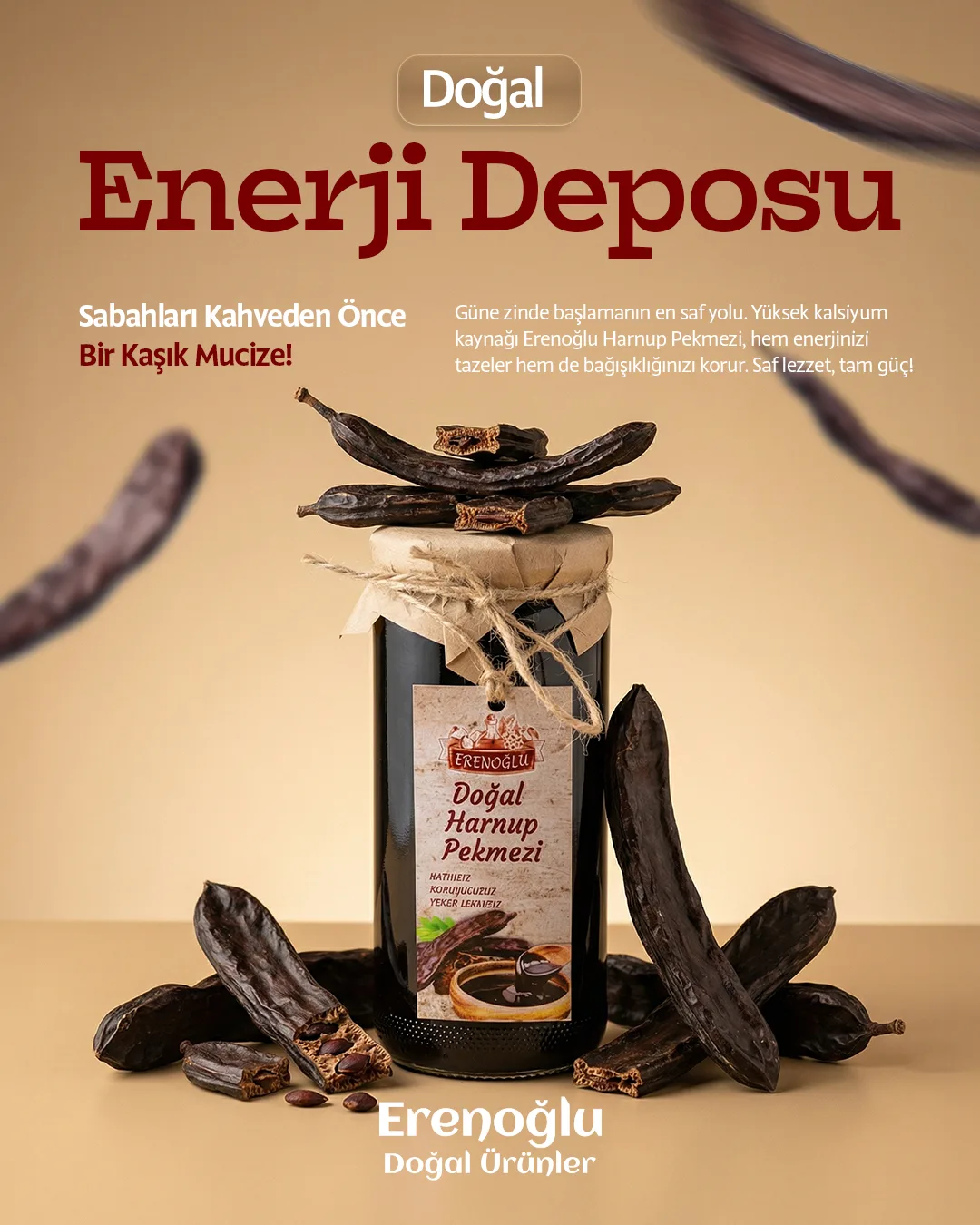 A jar of carob molasses among carob pods; "Doğal Enerji Deposu".