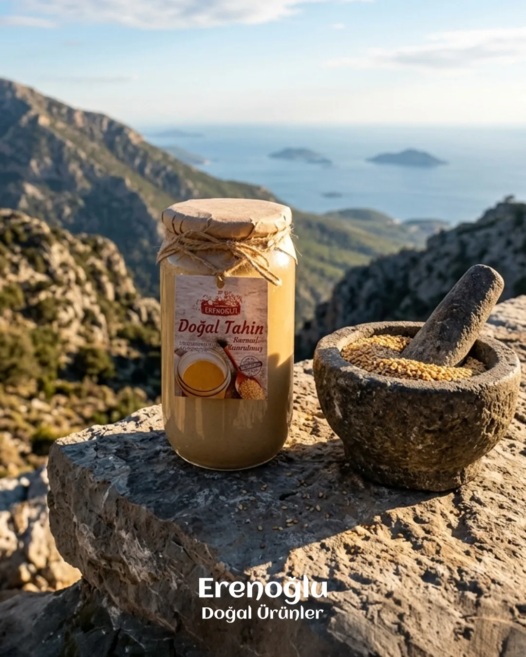 A jar of tahini and a stone mortar on a rocky mountainside overlooking the sea and islands; a headline-free mood post.