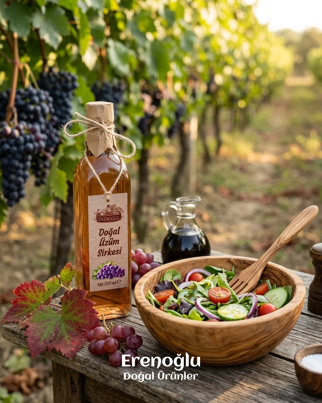 A vinegar bottle, a salad and a cruet on a wooden table in a vineyard; a headline-free mood post.