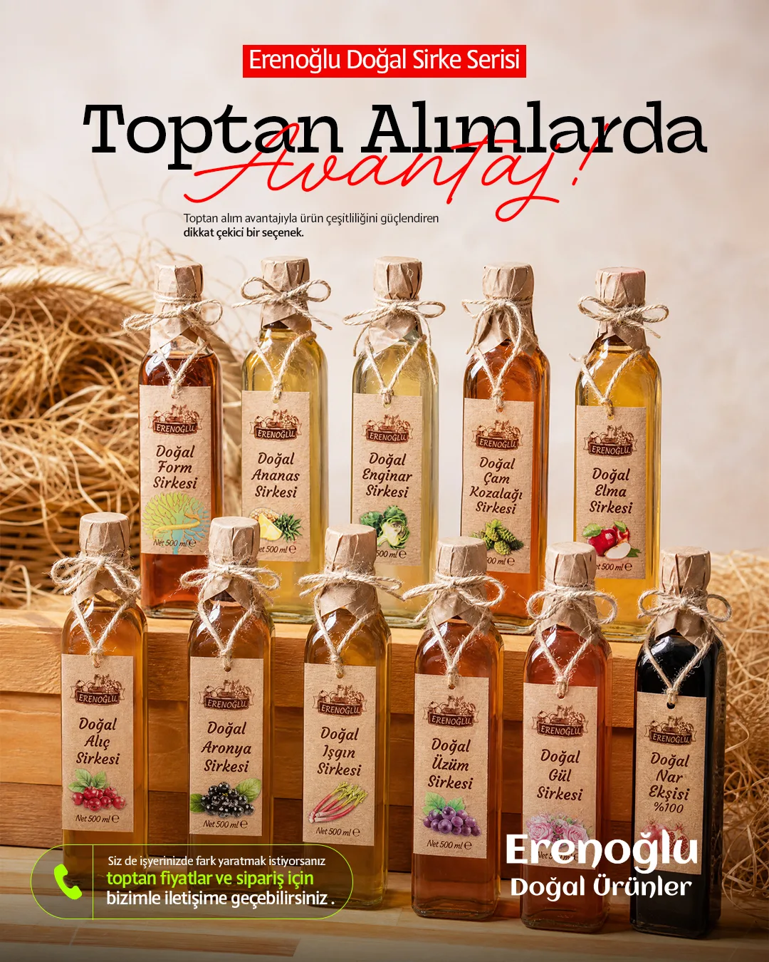 Rows of vinegar bottles in many colours on wooden shelves; "Toptan Alımlarda Avantaj!" and a call to get in touch.