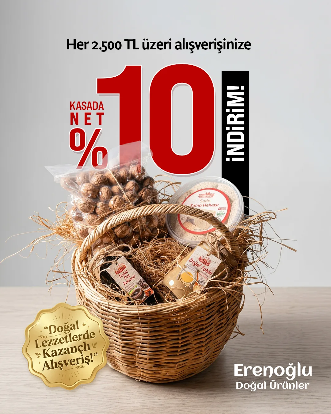 Products in a wicker basket; giant red "%10" and "İNDİRİM!" type and a gold badge.