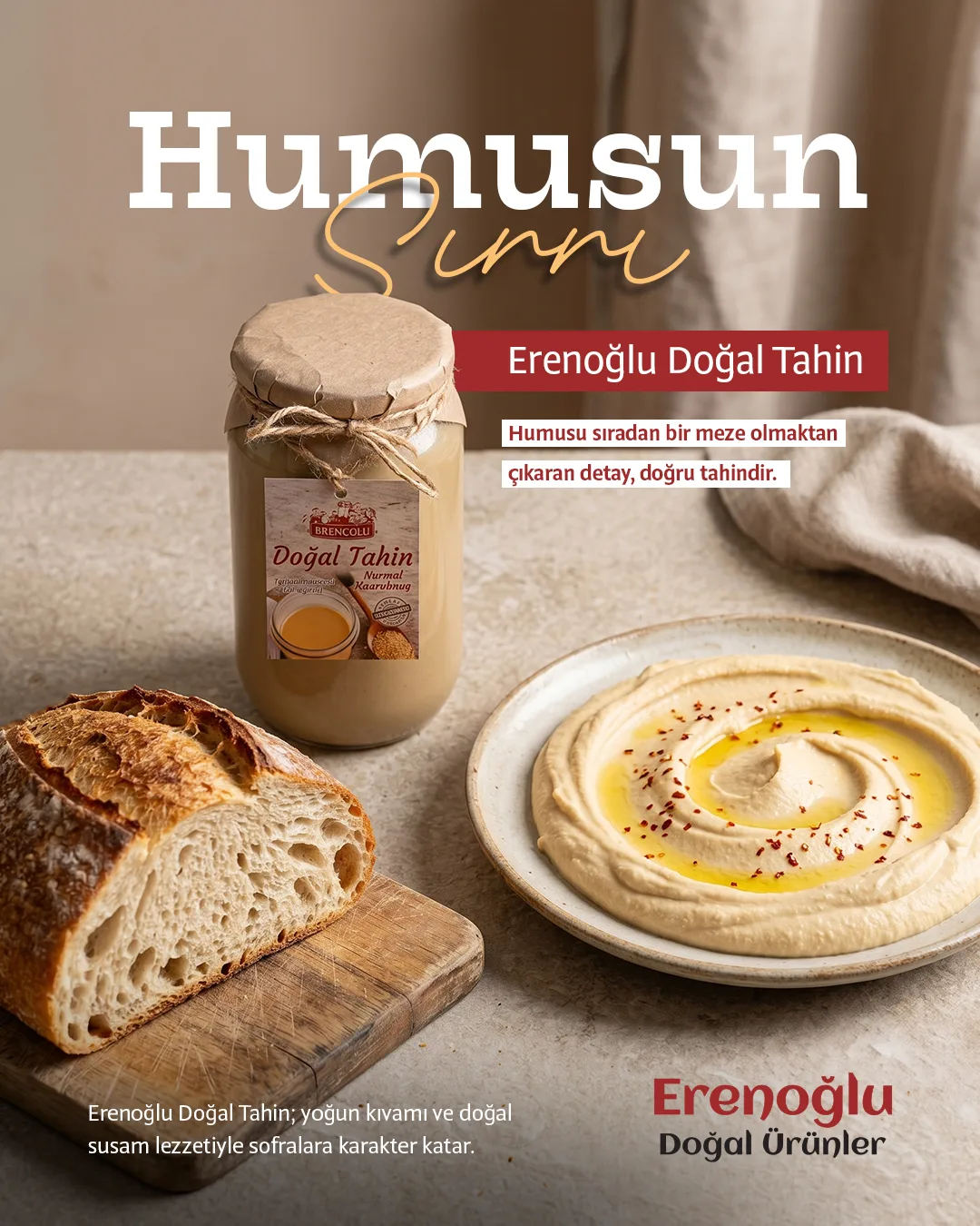 Sourdough bread, a plate of hummus and a jar of tahini; "Humusun Sırrı" headline.