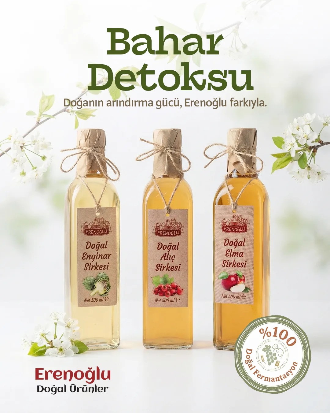 Three vinegar bottles among blossoming branches on white with a "%100 Doğal" seal; "Bahar Detoksu".