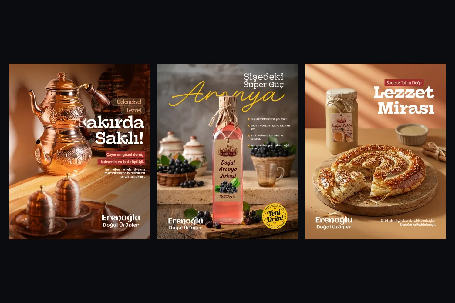 Yan yana üç Erenoğlu postu: bakır çaydanlıkla "Bakırda Saklı!", pembe aronya sirkesiyle el yazısı "Aronya" ve tahinli çörekle "Lezzet Mirası".