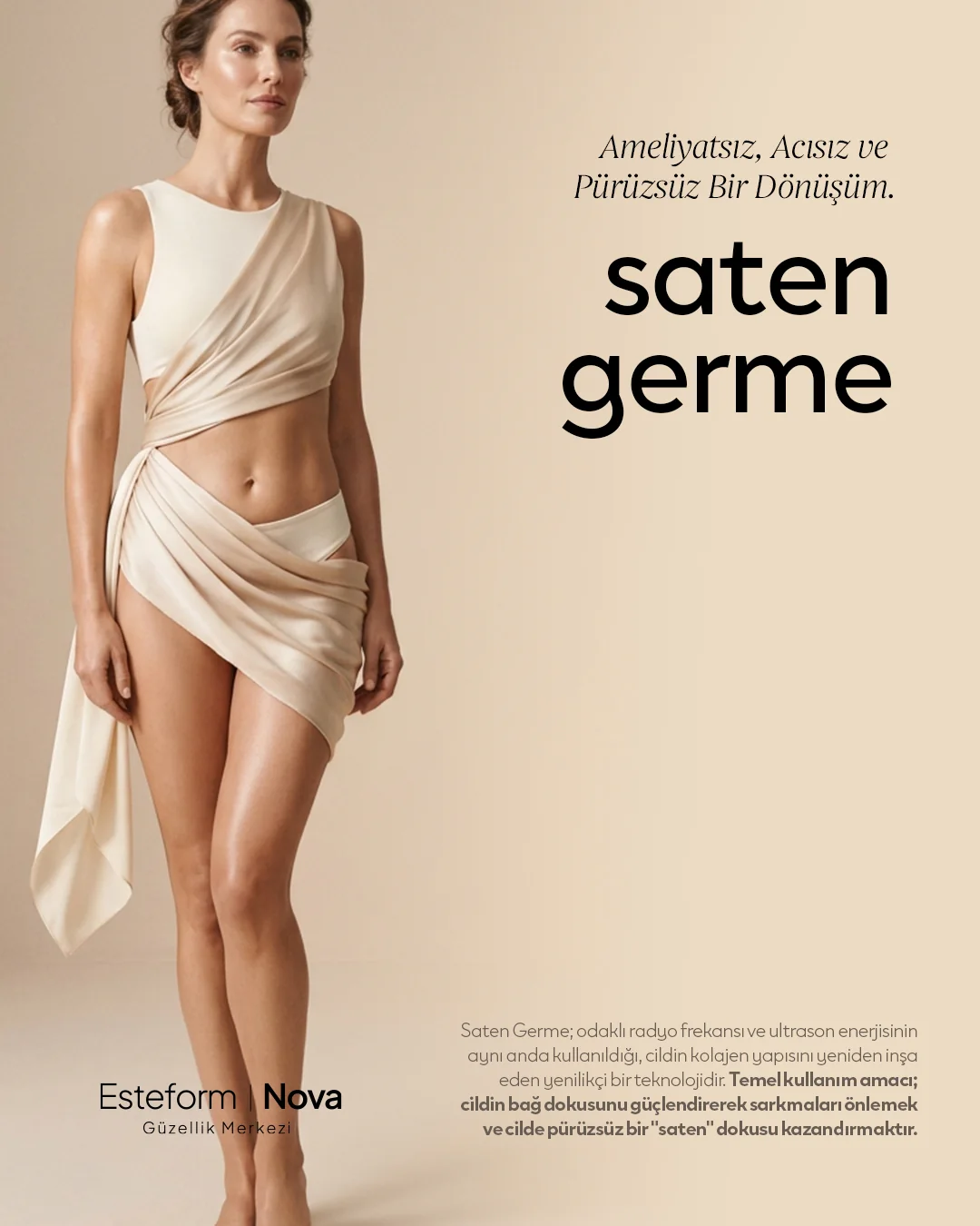 Krem saten kumaşa sarılı kadın; bej zeminde "saten germe" başlığı.