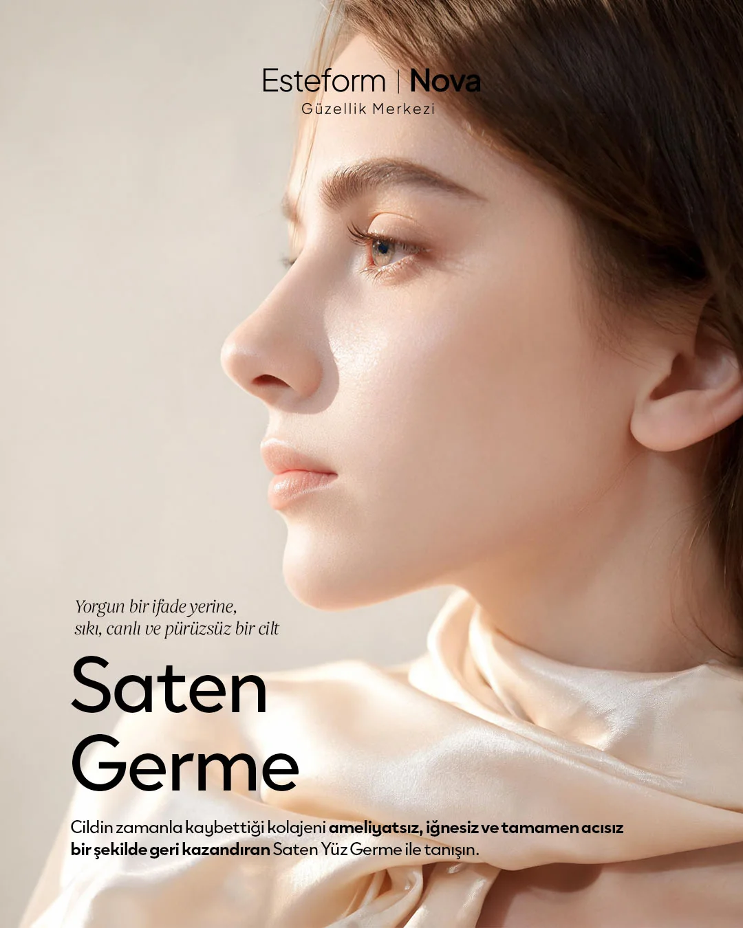 Krem kumaşla kadın profili; "Saten Germe" başlığı.