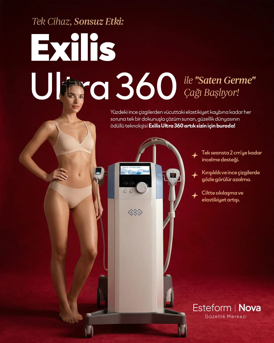 Bordo zeminde Exilis Ultra 360 cihazı ve kadın; "Tek Cihaz, Sonsuz Etki" başlığı.