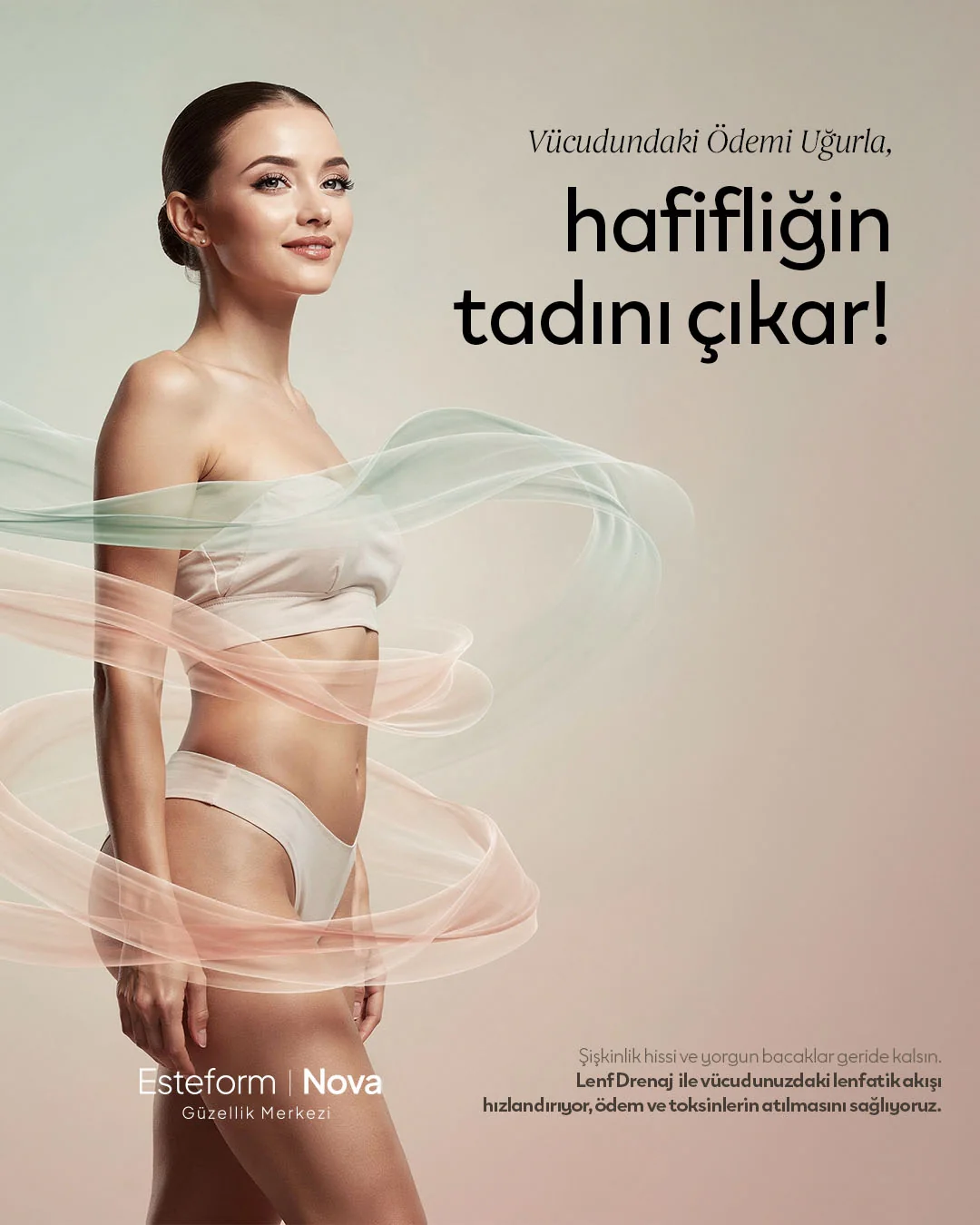 Krem kumaşlı, ince belli kadın; "hafifliğin tadını çıkar!" başlığı.