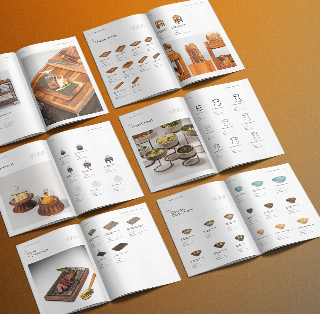 Turuncu zeminde altı açık çift sayfa: Display Boxes, Round Bases, Amenities, Steak Presentation ve Ceramic Deep Bowls bölümleri.