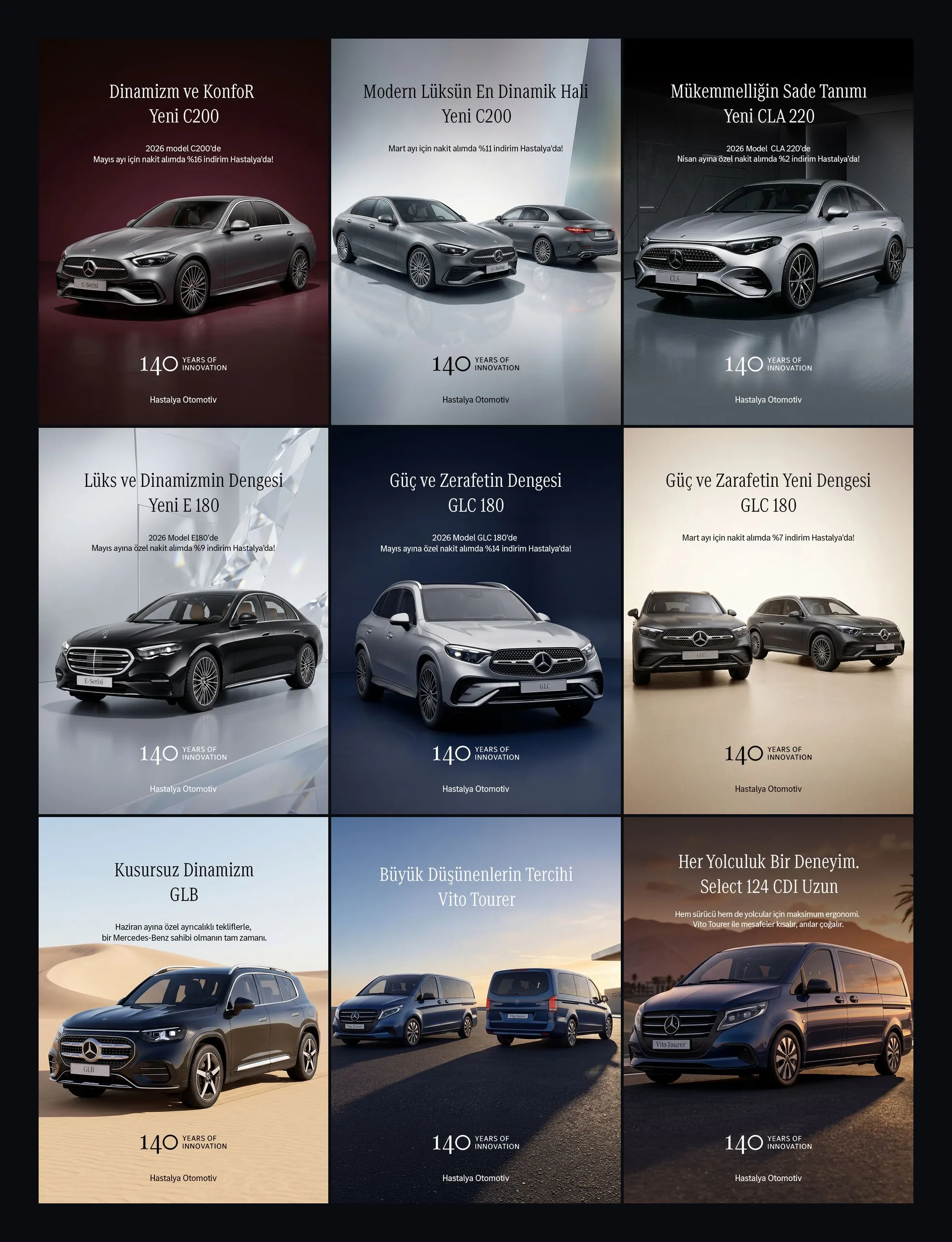 3 × 3 ızgarada 140. yıl serisinden dokuz post: C 200, CLA 220, E 180, GLC 180, GLB ve Vito Tourer; her biri koyu ya da açık stüdyo zemininde, üstte serif başlık, altta "140 Years of Innovation" imzası.