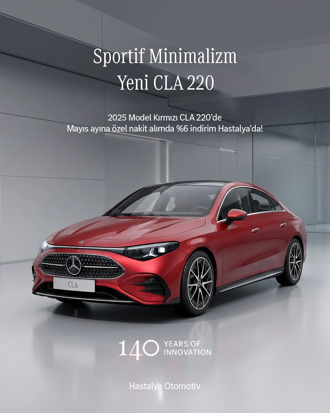 Beyaz-gri mekânda kırmızı yeni CLA 220; "Sportif Minimalizm" başlığı.