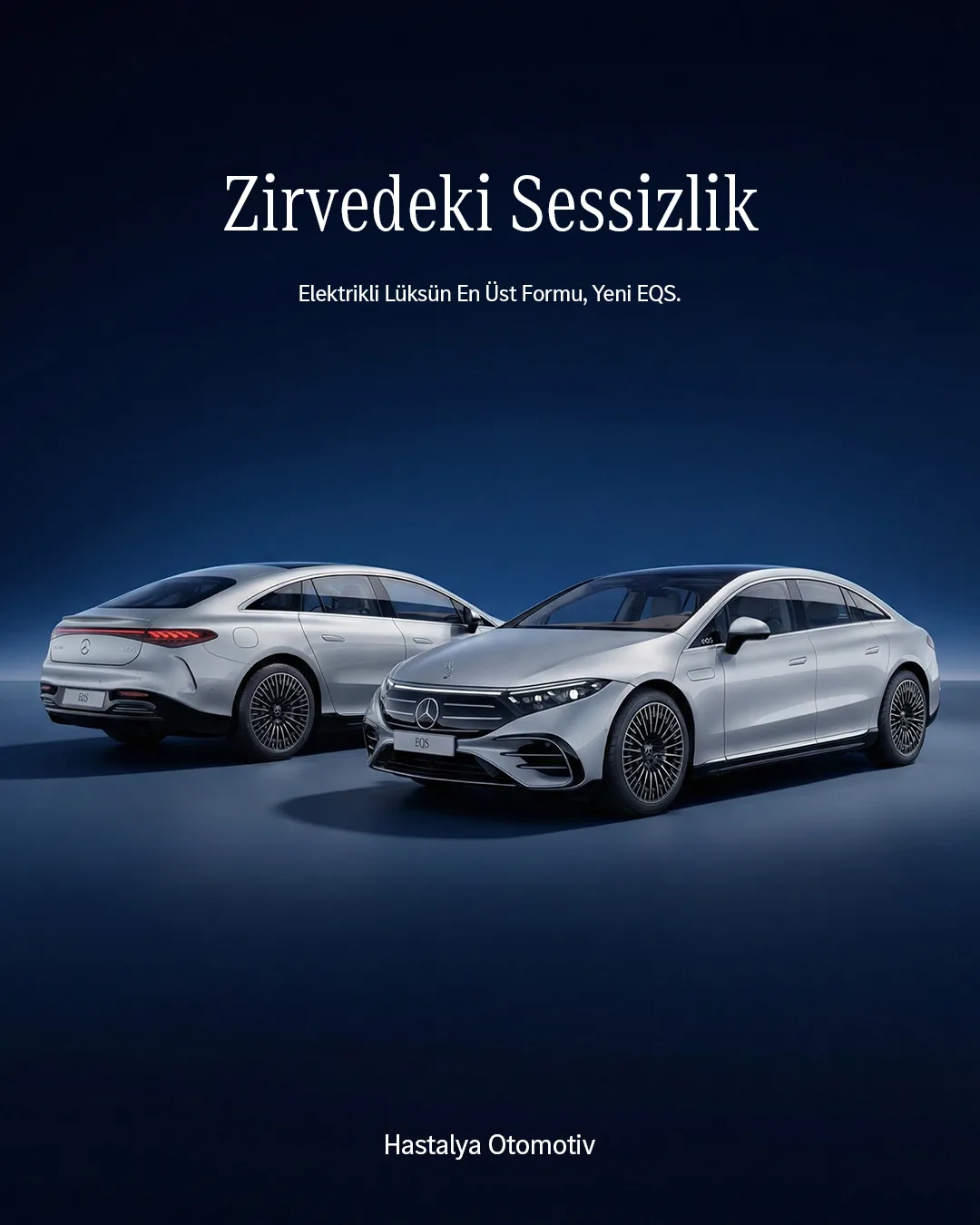 Gece mavisi zeminde yan yana iki gümüş EQS; "Zirvedeki Sessizlik" başlığı.