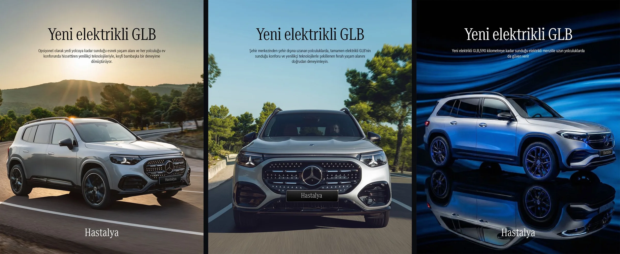 Üç post yan yana: gün batımında virajlı yolda, ağaçlı yolda önden ve mavi ışık dalgaları önünde yansımalı zeminde gümüş elektrikli GLB; hepsinde "Yeni elektrikli GLB" başlığı.