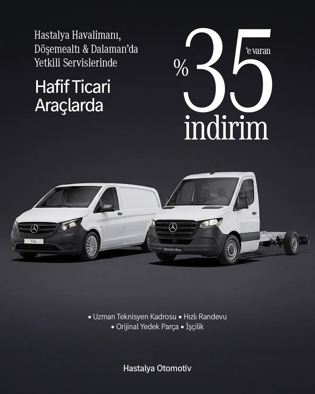 Koyu zeminde beyaz Vito ve Sprinter; "%35 indirim" tipografisi ve servis maddeleri.