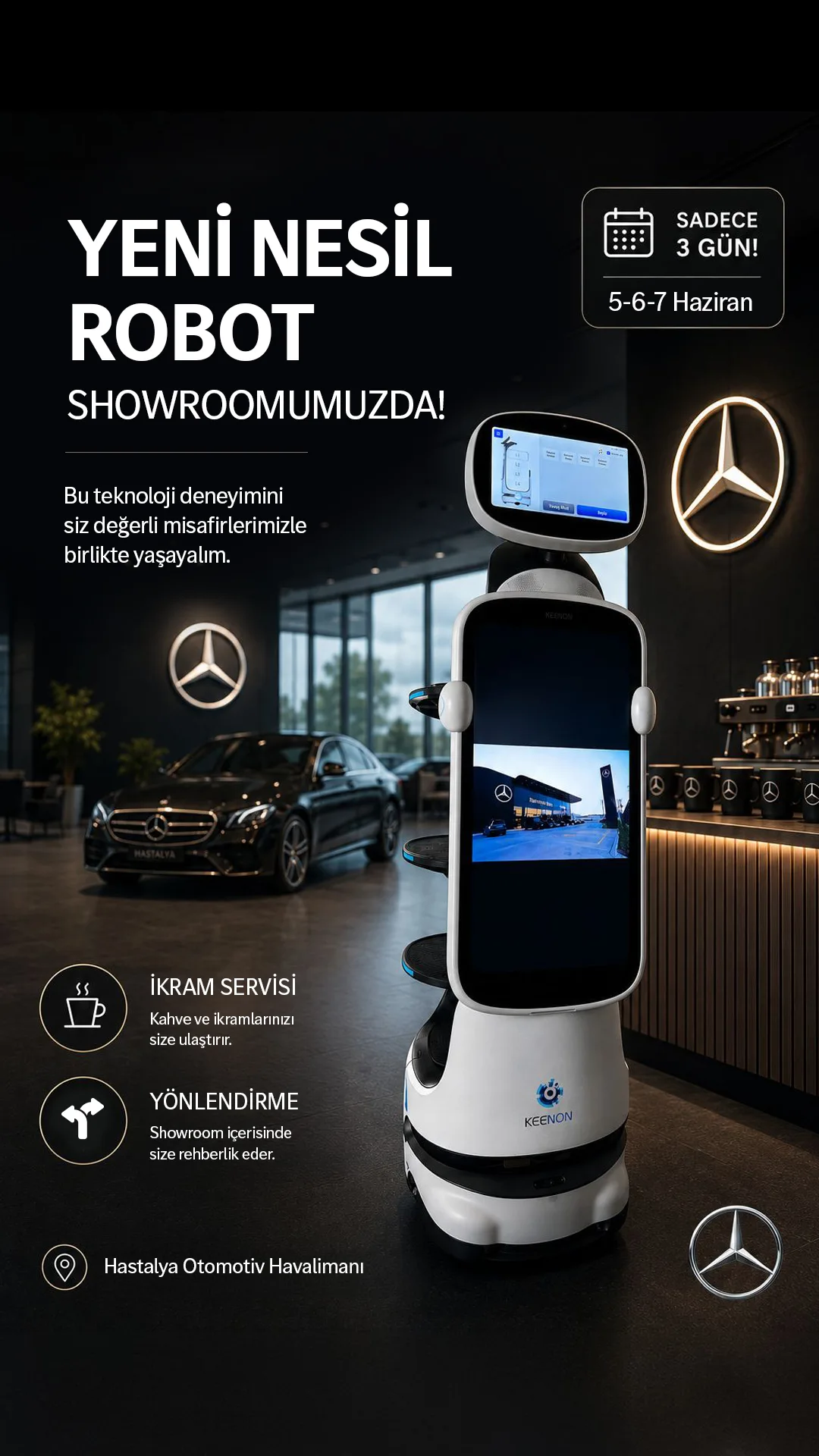Dikey story: showroom’daki beyaz karşılama robotu, ekranında Mercedes logosu; "YENİ NESİL ROBOT SHOWROOMUMUZDA!" başlığı ve hizmet ikonları.