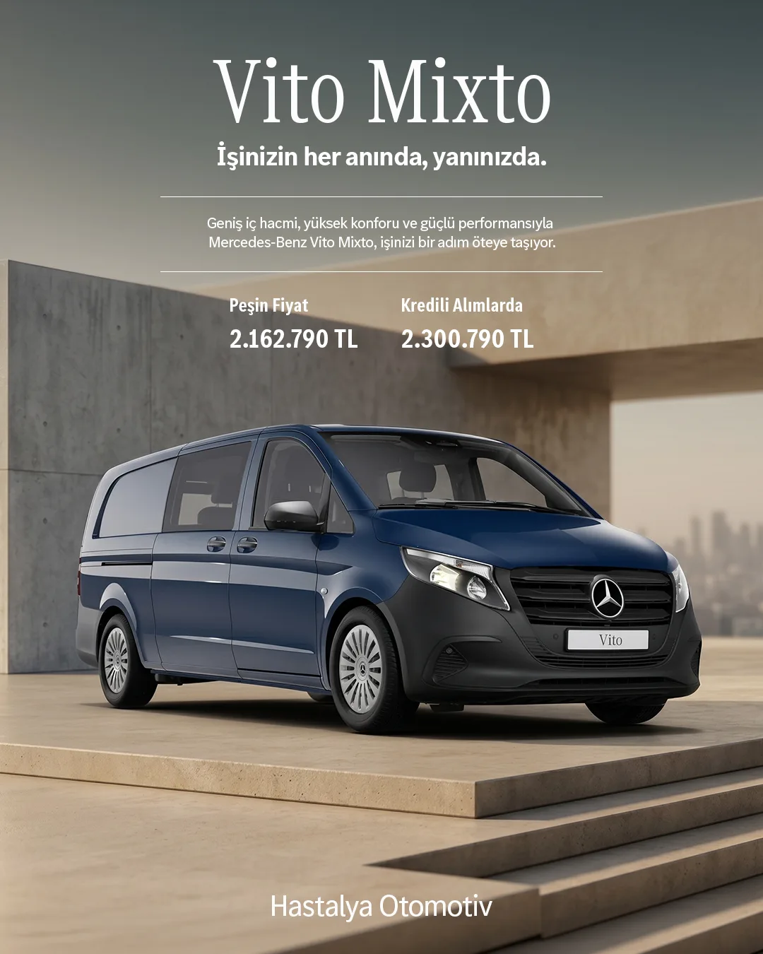 Beton basamaklı modern yapının önünde lacivert Vito Mixto; peşin ve kredili fiyatlar.
