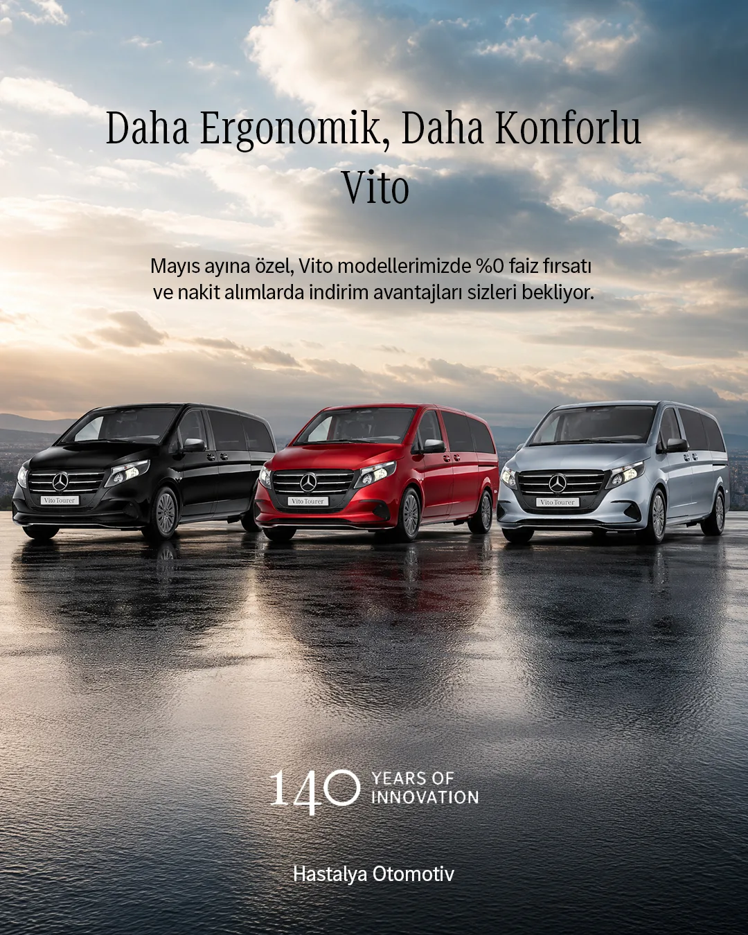 Islak zeminde yan yana siyah, kırmızı ve gümüş üç Vito; "Daha Ergonomik, Daha Konforlu" başlığı.