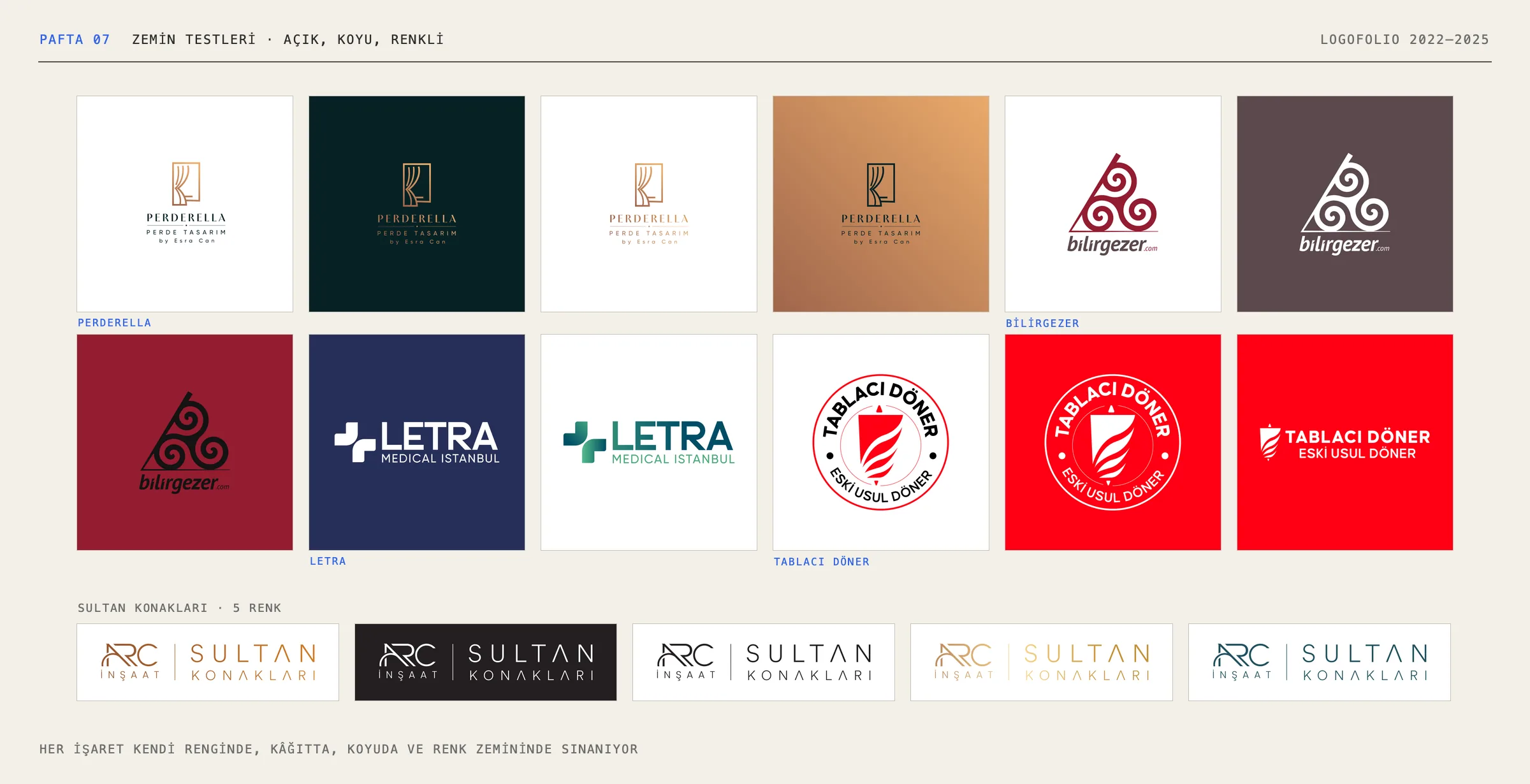 Sheet 07: Perderella, Bilirgezer, Letra and Tablacı Döner logos on white, dark and coloured grounds; below, five colour versions of Sultan Konakları.
