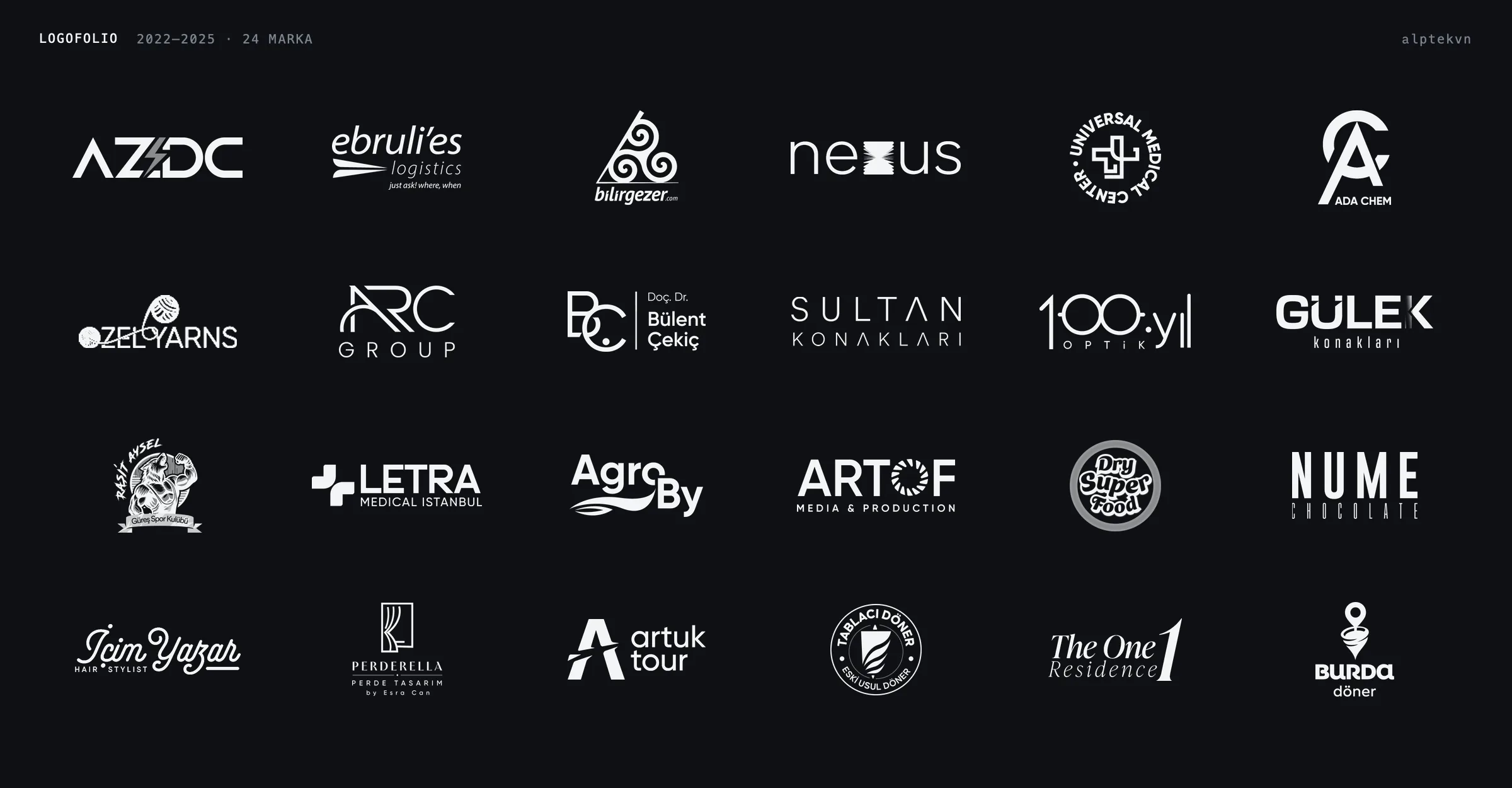 The same 24 logos in white on a dark ground, in a 6 × 4 layout.