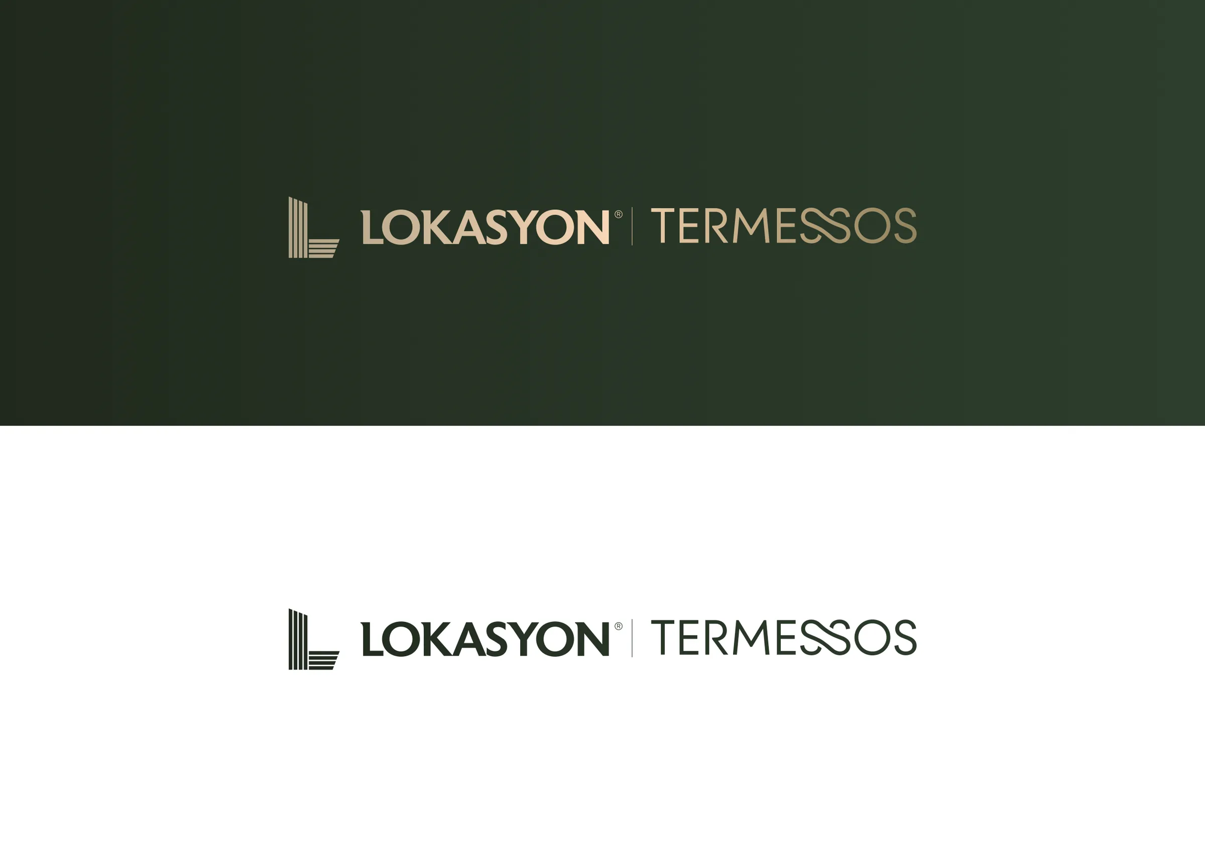 Lokasyon Termessos yatay logosu: üstte Termessos yeşili zemin üzerinde kumtaşı gold, altta beyaz zemin üzerinde yeşil.