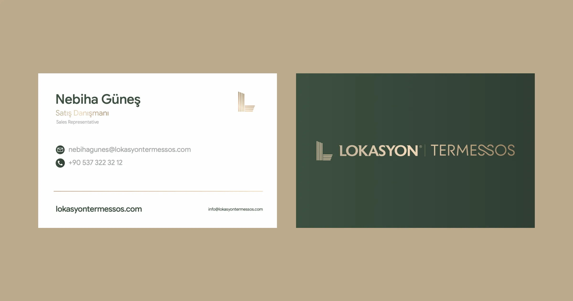 Lokasyon Termessos kartviziti: beyaz ön yüzde isim ve iletişim bilgileri, yeşil arka yüzde gold logo.
