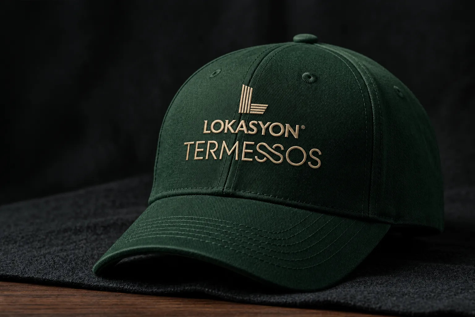 Ön yüzüne gold işlemeyle Lokasyon Termessos logosu uygulanmış yeşil şapka.