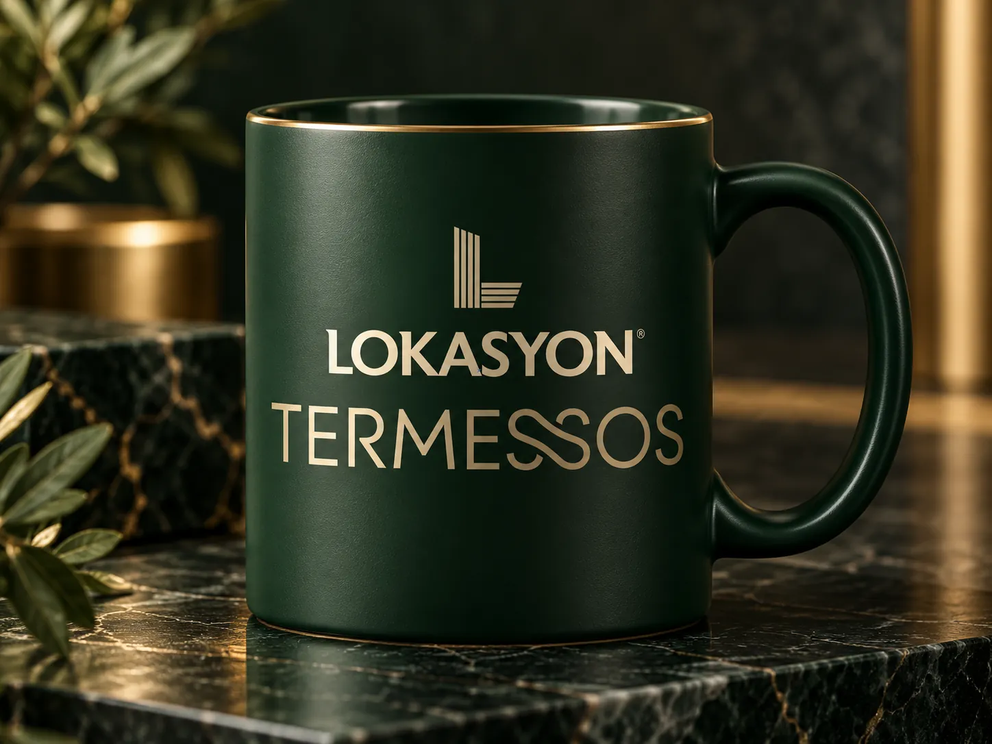 Altın kenarlı mat yeşil kupa üzerinde Lokasyon Termessos dikey logosu.