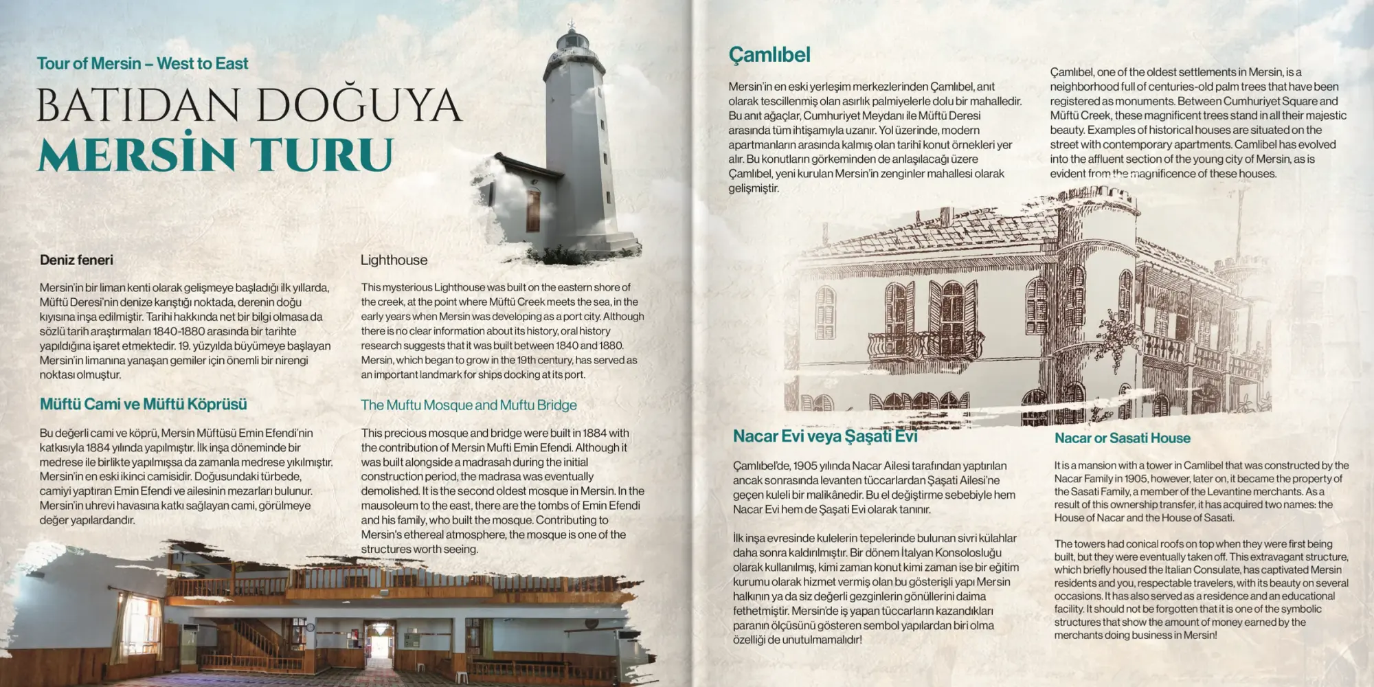 Deniz feneri ve Muftı Camii çizimleri, iki dilli tur metni ve Çamlıbel’in tarihi yapıları.